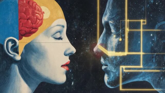 Female head with exposed brain connecting to male digital profile with heart