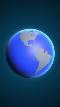 The animation shows a graphic representation of the earth and highlights the location and map of Guyana colored red in vertical format.