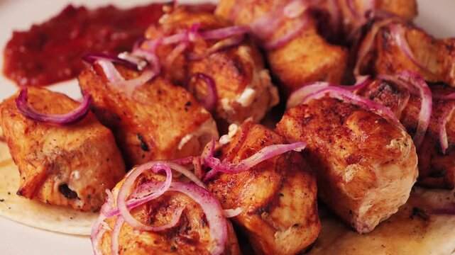 Tasty dish barbecue of chicken with red onion on plate. Skewer beef. Grilling marinated shashlik souvlaki. . High quality 4k footage