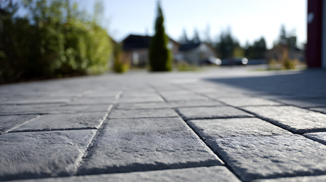 Textured Gray Paver Stones Form a Driveway or Pathway with Soft Focus Background of Residential Area on a Clear, Bright Day