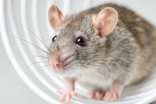 Domestic rat running inside an exercise wheel, showcasing its agility and curiosity in a clean, bright indoor environment with a white background