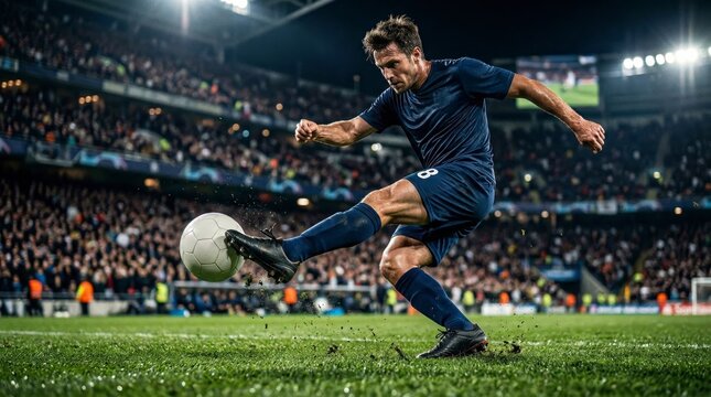 A soccer player in black uniform controls a soccer ball on a well-lit stadium field during a night match.
