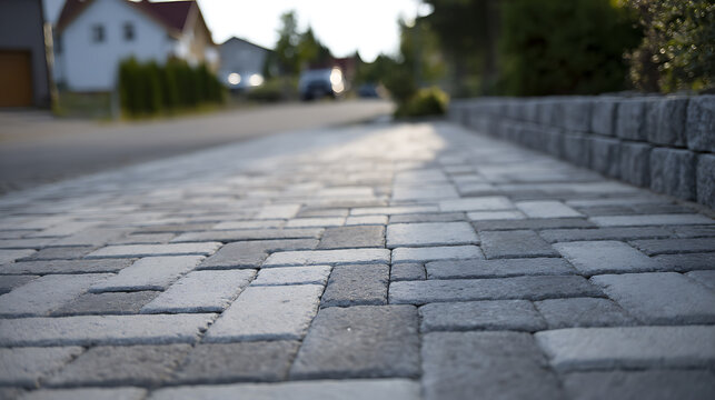 Low angle view of modern interlocking pavers on a residential driveway, showcasing textured surface and geometric pattern with soft focus background sunlight