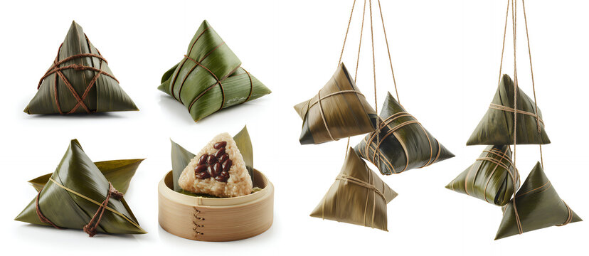 Various types of zongzi on white background glutinous rice triangular green leaves