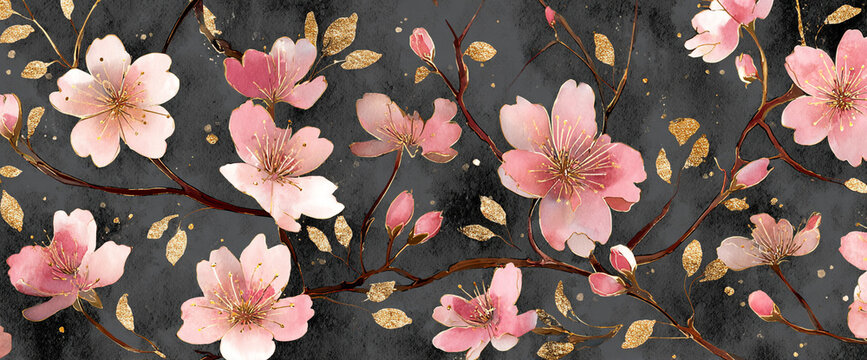 Sakura floral repeat pattern on dark charcoal matte wallpaper surface, watercolor blossoms with gold foil accents, seamless 32k