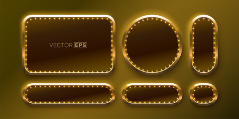 Set of gold vintage frames with glowing light bulbs. Realistic retro marquee signs for design. © hobbitfoot