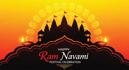 Ram Navami festival greeting card featuring silhouette of Ayodhya Ram Mandir temple with glowing diya lamps on vibrant orange background for traditional Indian religious celebration. © SWEET