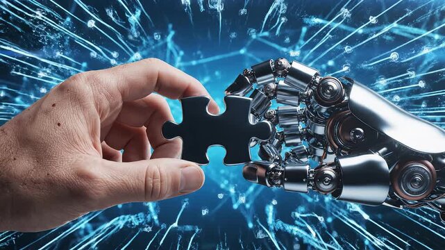 Human hand and robot arm connecting puzzle piece