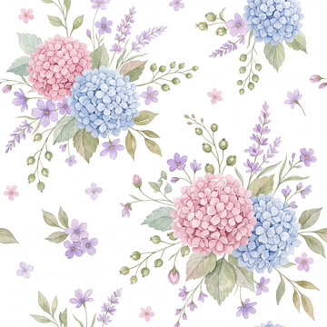 Watercolor Hydrangea Floral Seamless Pattern with Pastel Flowers and Leaves on White Background