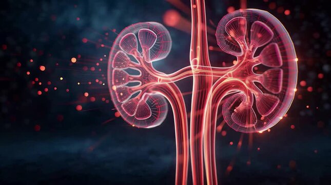 Stunning 4K Video Animation of Human Kidneys and Nephrons with Glowing Wireframe Structures