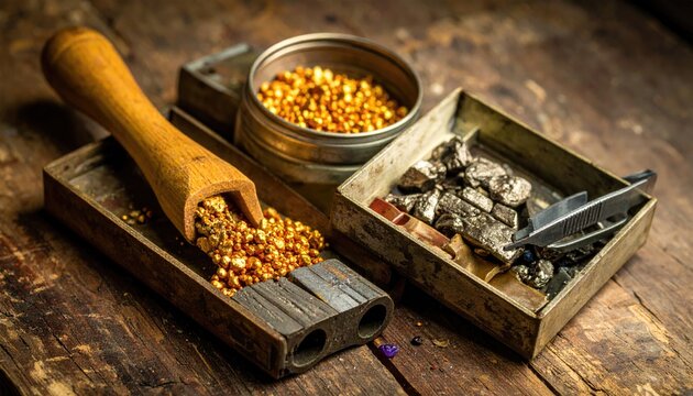 Antique wooden scoop with gold nuggets and pyrite minerals vintage mining concept on rustic wood table treasure panning and gemstone collection