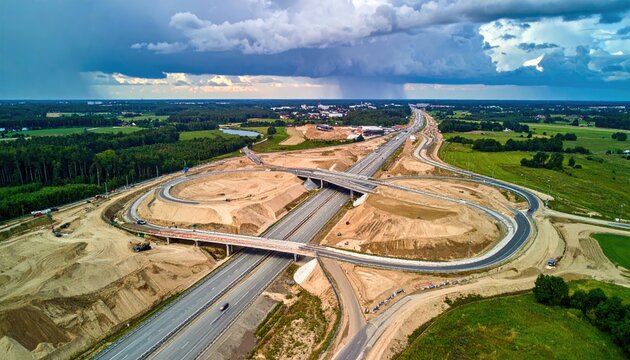 Aerial view of a modern highway interchange under construction on a cloudy day showcasing infrastructure development and transportation network