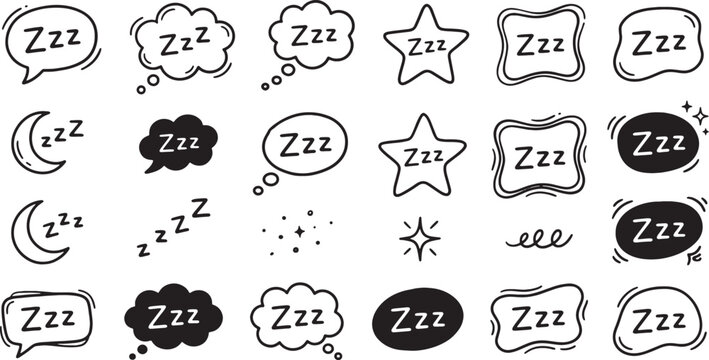 Sleep and dream symbols with zzz speech bubbles and moon on white background for relaxation concepts