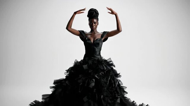 Woman in black ruffled gown posing
