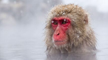 Obraz premium Red faced macaque snow monkey relaxing in hot spring water during winter traditional Japanese culture concept wild nature