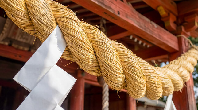 Thick woven shimenawa sacred rope with white shide paper at shrine traditional Japanese culture concept shinto religion