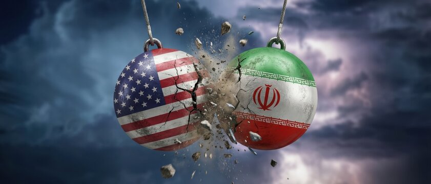 Geopolitical conflict concept: USA and Iran flags on heavy wrecking balls crashing into each other, causing damage and flying debris against a dramatic stormy sky