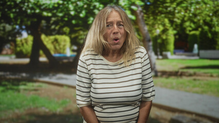 Obraz premium Senior woman in striped shirt clasping bare hands over thighs with open mouth, gasping and startled expression in forest; surprise vulnerability.