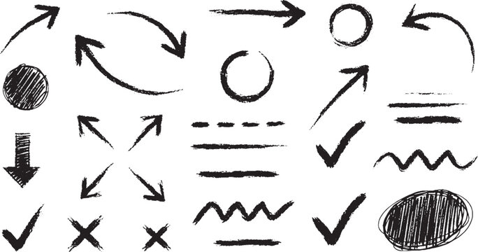 Hand drawn arrow and circle icons, check marks, and scribbles with a rough, sketchy texture on white background, check mark