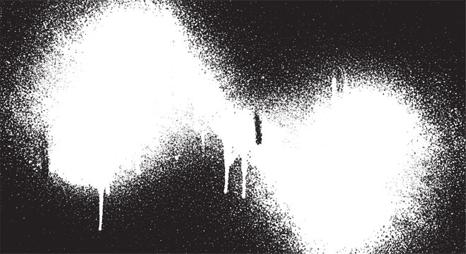 Abstract white spray paint splatter and drips on a black background, grunge urban art texture for graphic design overlays and backgrounds, street art