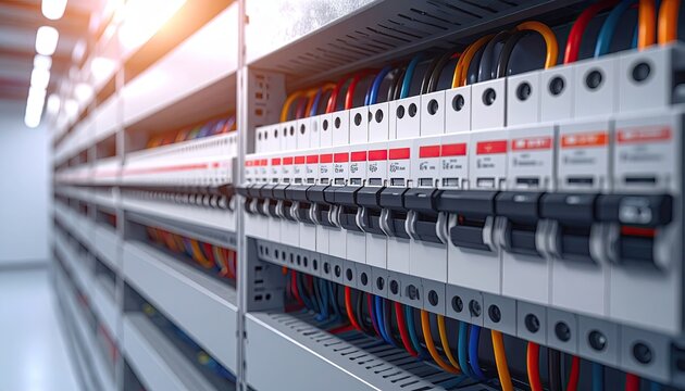 Electrical control panel featuring rows of miniature circuit breakers connected with colorful wires in a modern industrial setting