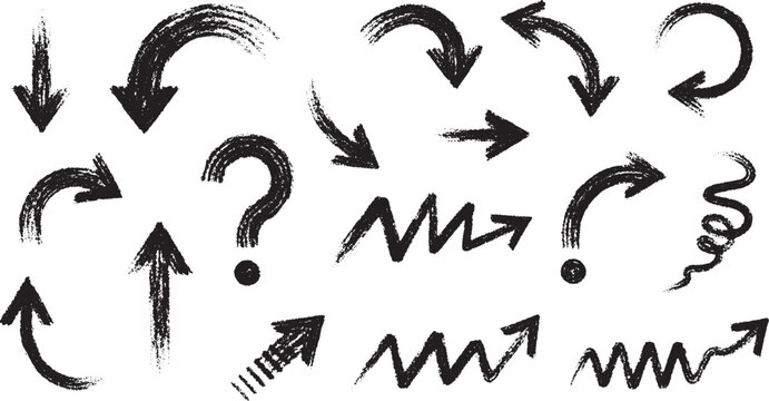 Collection of hand-drawn grunge arrows and question marks with a chalky texture, isolated on white background, question mark