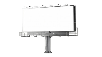 Obraz premium Transparent PNG. Large empty outdoor billboard mounted on a cylindrical metal pole, featuring overhead lights, a maintenance platform with railings, and a clean white display area.