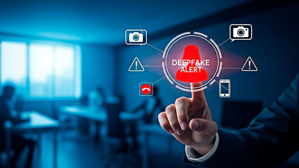 Fototapeta premium A person pointing to a deepfake alert for the concept of technology.