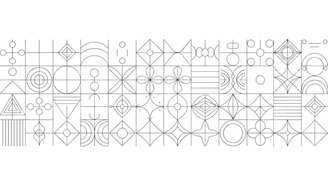 Abstract geometric line art pattern with circles, triangles and shapes, modern minimal design composition for background, branding, architecture concept and decorative creative 