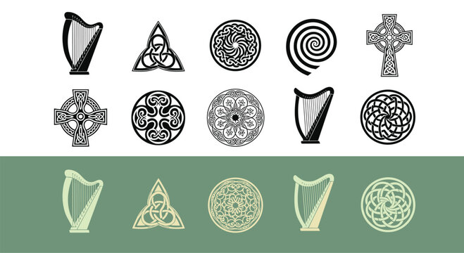 Celtic symbols and Irish ornaments collection with trinity knot, cross, spiral and harp icons, decorative medieval patterns for cultural design, tattoo art and heritage brandingCeltic symbo