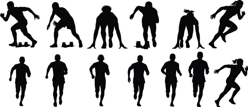 A collection of black silhouettes depicting various male and female athletes in different running poses, including starting block positions and full stride, against a white background.