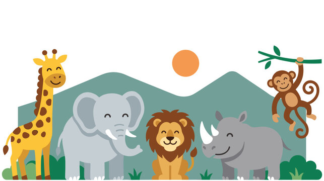 Wild african animals standing together in front of mountain landscape
