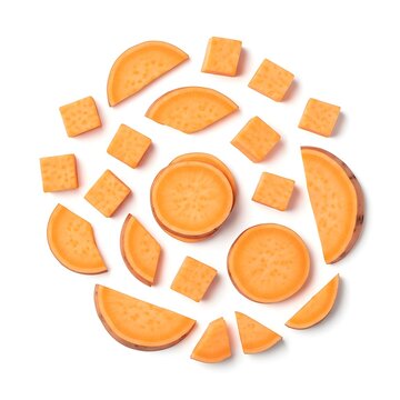 Sweet potato slices and cubes arranged in a circle