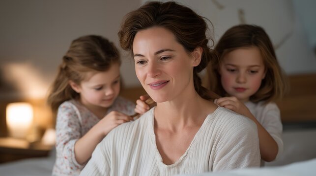 Stepmother braids stepdaughter hair in modest bedroom while biological children wait their turn during morning routine before school, perfect for blended family bonding hair care, and contemporary