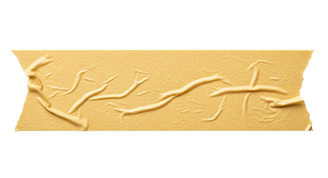 A strip of wrinkled yellow masking tape, a creased adhesive sticker piece. Isolated on transparent background, png
