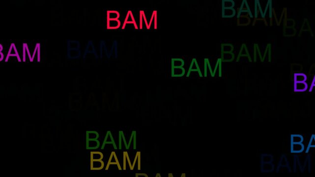Dynamic Scattered "BAM" Text in Vibrant Colors on Black Background