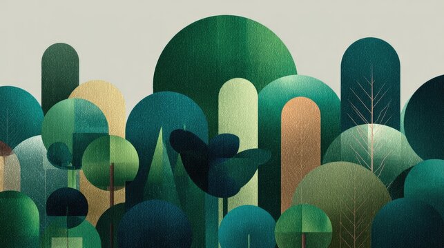 Abstract illustration of stylized trees in varying shades of green yellow and blue