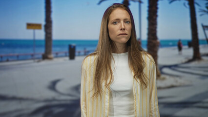 Obraz premium Woman standing facing camera on seaside promenade street with visible face and neutral expression; quiet melancholy.