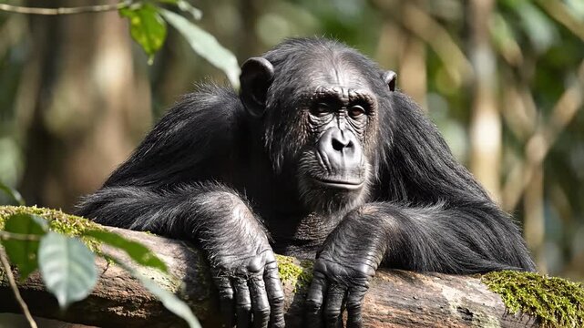 Intelligent chimpanzee resting on tree branch in forest