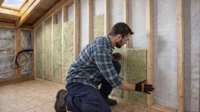 Man in protective goggles installs insulation in wooden frame structure.
