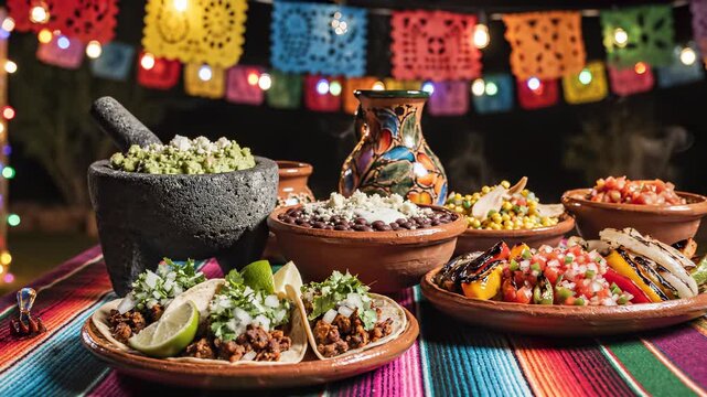 Vibrant Mexican food festival with delicious tacos and colorful atmosphere. Fresh ingredients showcase culinary art at night. Family gatherings create memories around festive table.