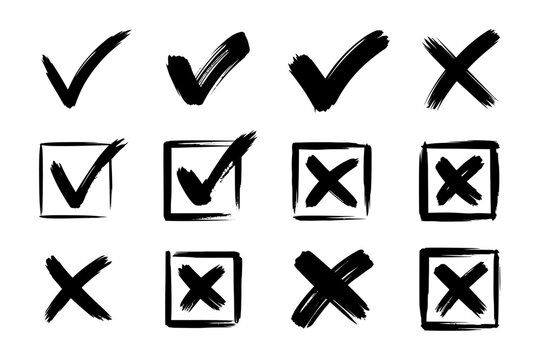 Hand drawn checkmarks and crosses set