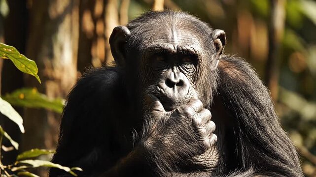 Intelligent Chimpanzee Ponders in Lush Forest Setting
