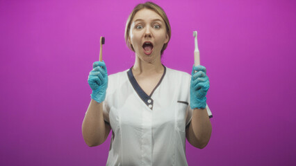 Woman dentist wearing white uniform holds bamboo and electric toothbrushes with gloved hands, mouth...
