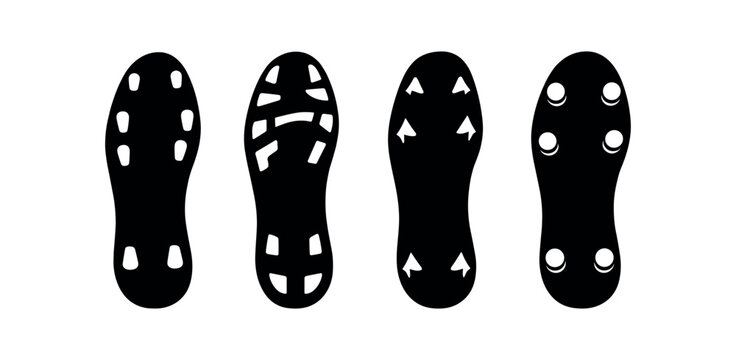 Four black shoe sole silhouettes with different cleat and traction patterns on a white background.