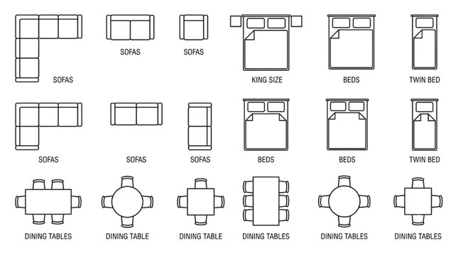Top View Interior Furniture Floor Plan Vector Set: Beds, Sofas, and Dining Table Blueprint Symbols