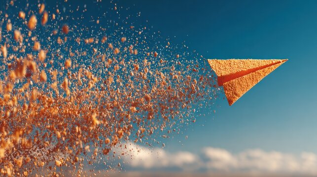 Orange paper airplane disintegrating mid-flight against a blue sky