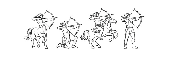 Obraz premium Four detailed line art illustrations of centaur and human archers in different shooting stances.