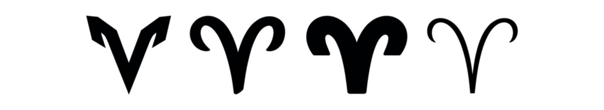 A row of four black aries horn symbols in varying stylized forms including bold and outline versions.