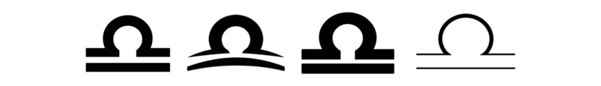 Four black libra symbol variations with different line weights and base styles arranged in a horizontal sequence.